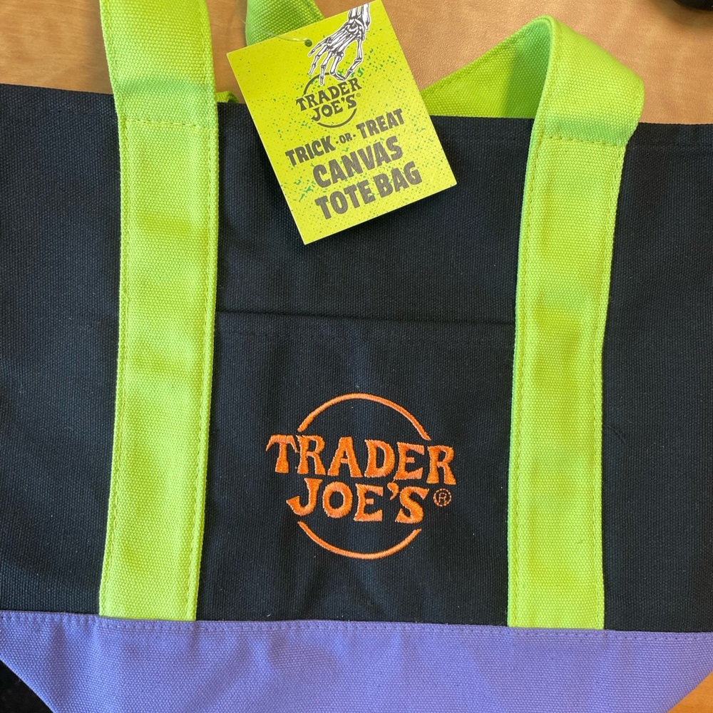 Trader Joe's Black Canvas Tote Bag with Lime Handles and Purple Trim
